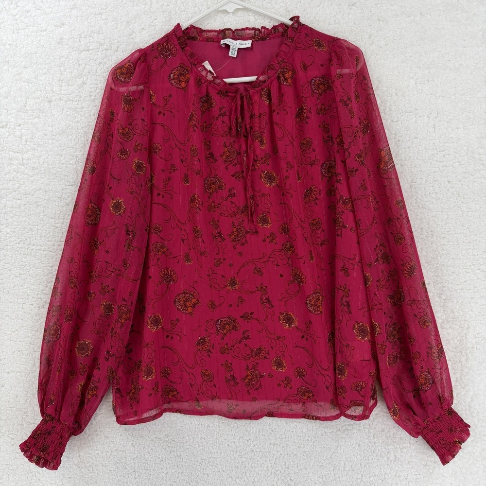 Maison D'Amélie Blouse Womens Medium Pink Floral Sheer Long Sleeve Ruffle Top